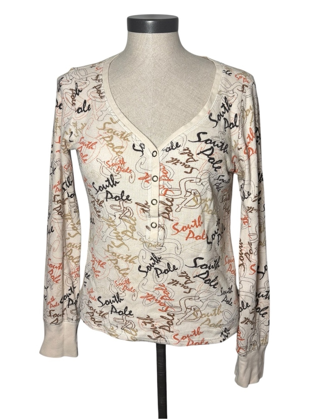 South Pole Y2K Thermal Henley Top Large Cream Script Logo Long Sleeve